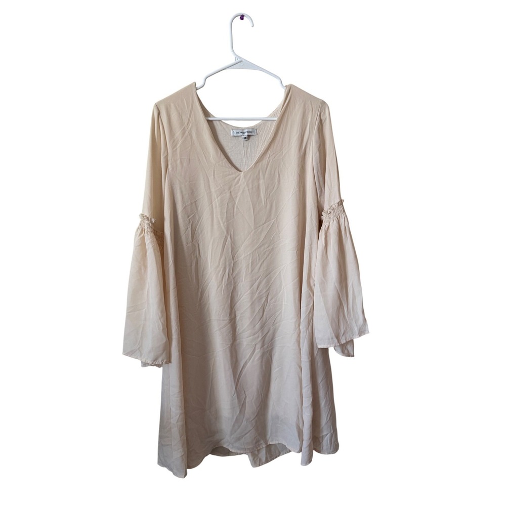 The Vanity Room Cream V-Neck Bell Sleeve Shift Dress Smocked Detail Size M